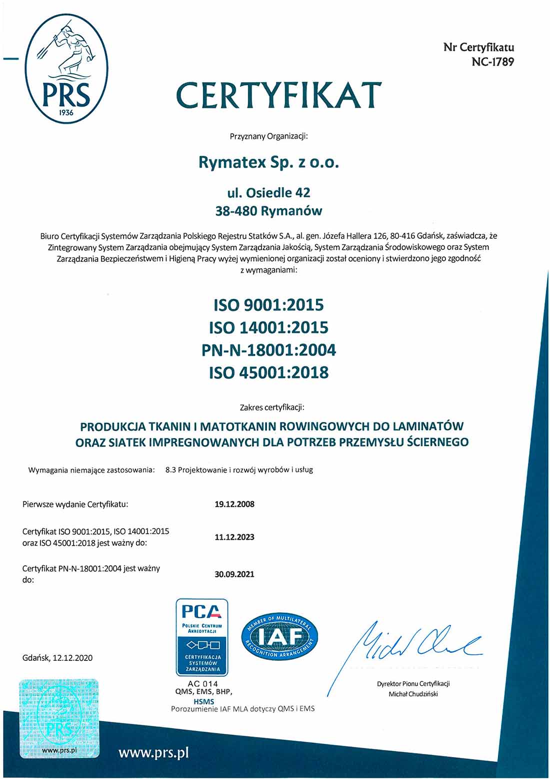 Certyfikat ISO Rymatex